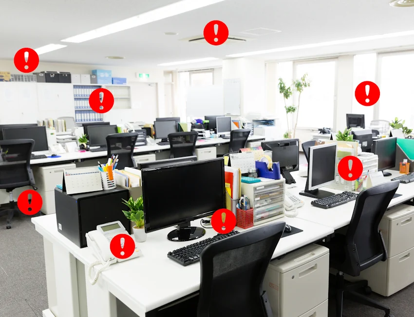 Valse plafonds, brandalarmen, airco's, dossiers, plinten, telefoons, stopcontacten, Wlan-aansluitingen, andere radio's en alle andere objecten worden gecontroleerd tijdens een afluisteractie. Afluisterbeveiliging op kantoor